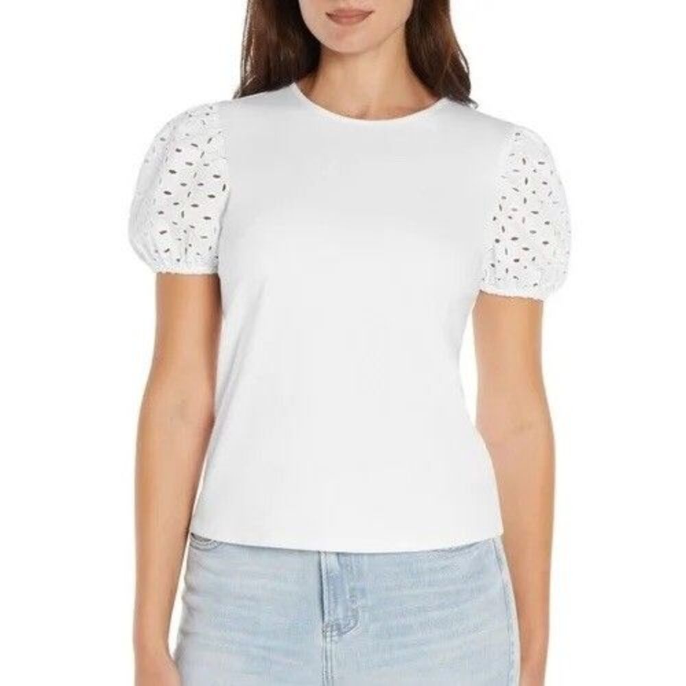 New Express Women's Spring Top Size Small White Puff Lace Sleeves